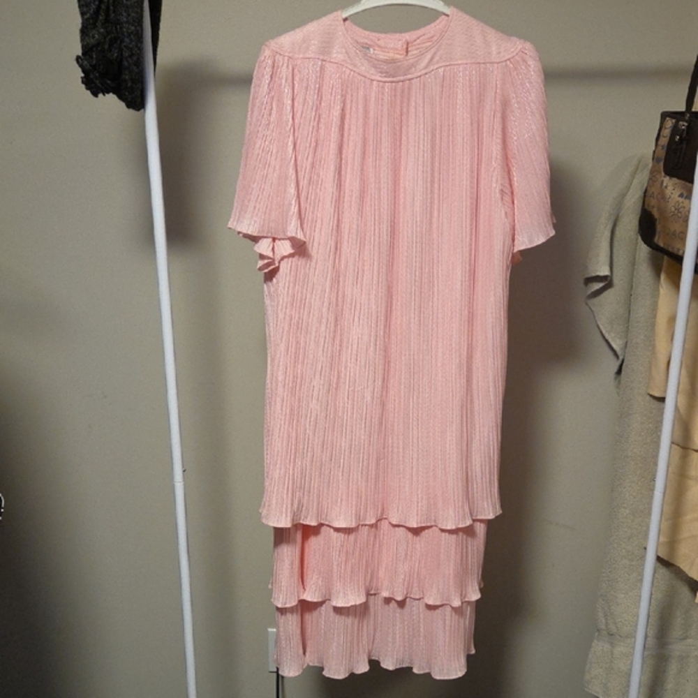 Vintage Encore Blush Pink Pleated Short-Sleeve Layered Maxi Dress Size 16 - Picture 1 of 7